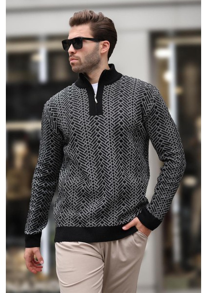 Siyah Fermuar Yaka Uzun Kollu Desenli Örme Kazak E7287 fiyatları