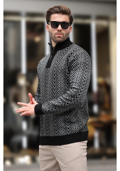 Siyah Fermuar Yaka Uzun Kollu Desenli Örme Kazak E7287 modelleri