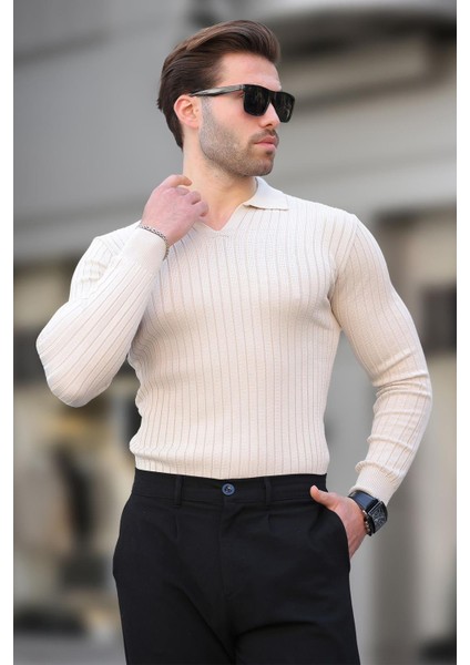 Bej Polo Yaka Çizgili Uzun Kollu Erkek Kazak 7289