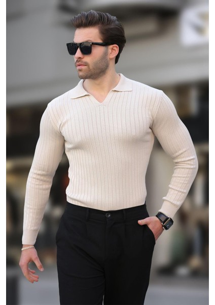 Bej Polo Yaka Çizgili Uzun Kollu Erkek Kazak 7289 fiyatları