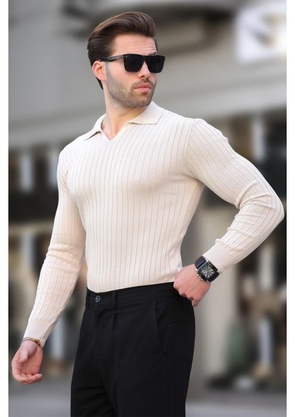 Bej Polo Yaka Çizgili Uzun Kollu Erkek Kazak 7289 modelleri