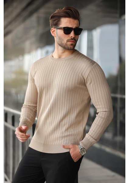 Açık Kahverengi Bisiklet Yaka Çizgili Uzun Kollu Kazak E7273