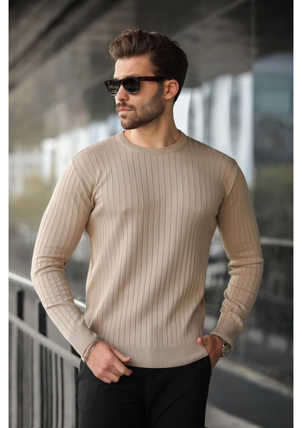 Açık Kahverengi Bisiklet Yaka Çizgili Uzun Kollu Kazak E7273 fiyatları