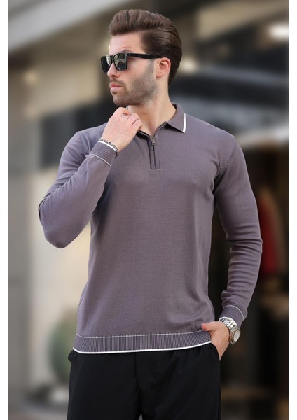 Koyu Gri Fermuarlı Polo Yaka Çizgi Detaylı Uzun Kollu Kazak 7267