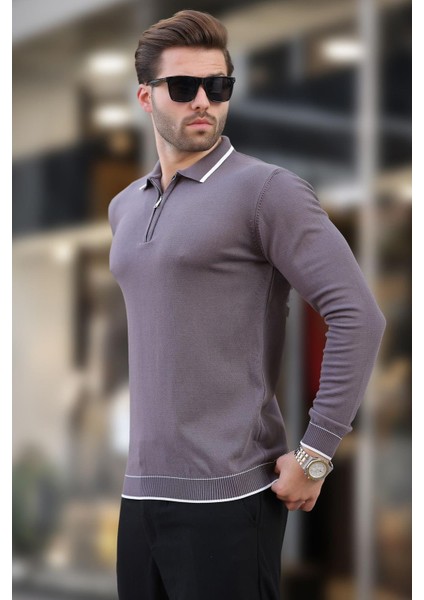 Koyu Gri Fermuarlı Polo Yaka Çizgi Detaylı Uzun Kollu Kazak 7267 fiyatları