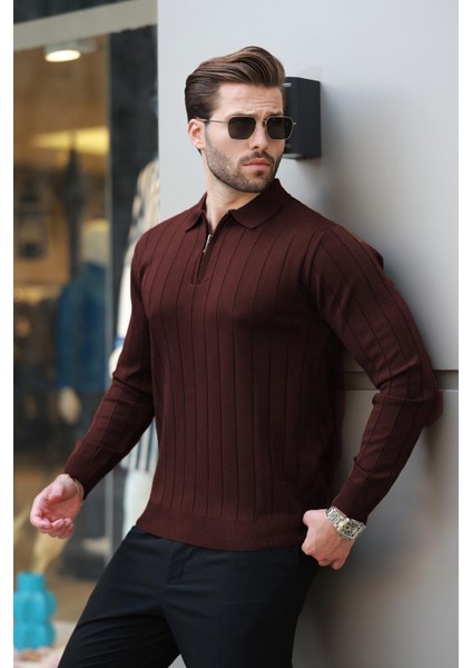 Bordo Polo Yaka Fermuarlı Örme Kazak 7242