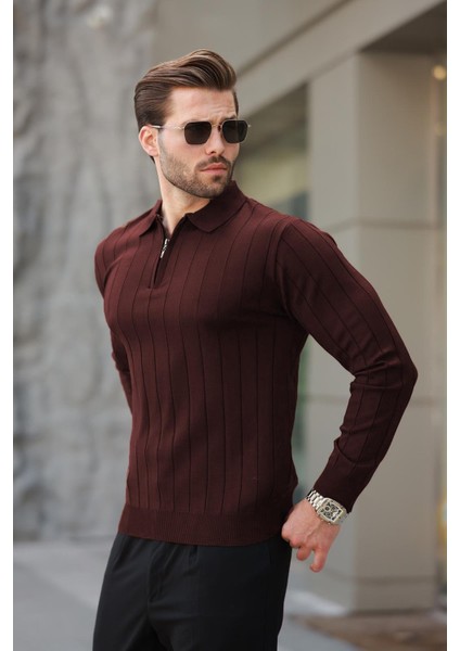 Bordo Polo Yaka Fermuarlı Örme Kazak 7242 fiyatları