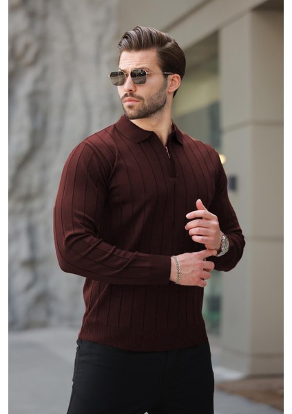 Bordo Polo Yaka Fermuarlı Örme Kazak 7242 modelleri