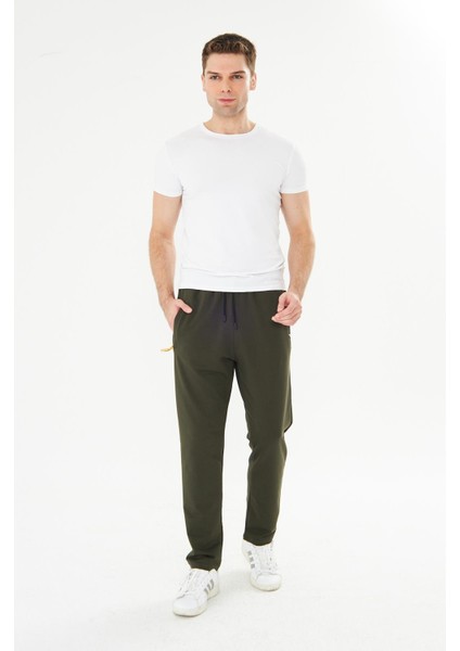 Büyük Beden Erkek Pamuklu Fermuarlı Cepli Eşofman Altı Haki 7814B-H