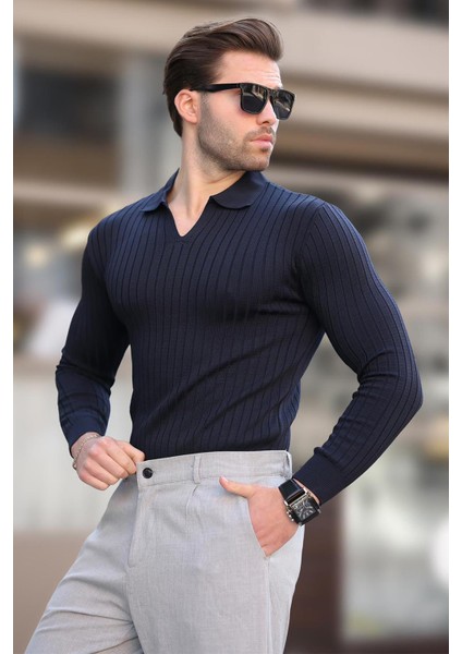 Lacivert Polo Yaka Çizgili Uzun Kollu Erkek Kazak 7289