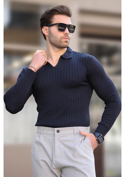 Lacivert Polo Yaka Çizgili Uzun Kollu Erkek Kazak 7289 fiyatları