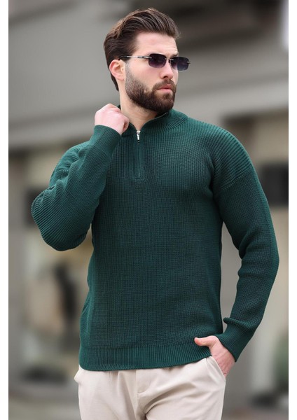 Petrol Yeşili Fermuar Yaka Triko Erkek Kazak E7295