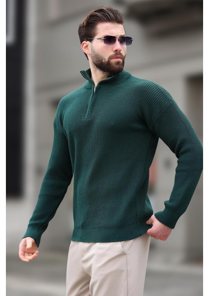 Petrol Yeşili Fermuar Yaka Triko Erkek Kazak E7295 modelleri