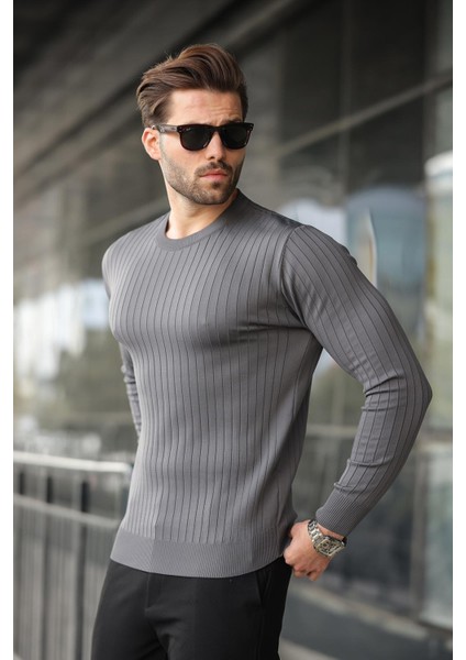 Antrasit Bisiklet Yaka Çizgili Uzun Kollu Kazak E7273