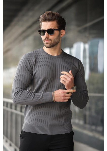 Antrasit Bisiklet Yaka Çizgili Uzun Kollu Kazak E7273 fiyatları