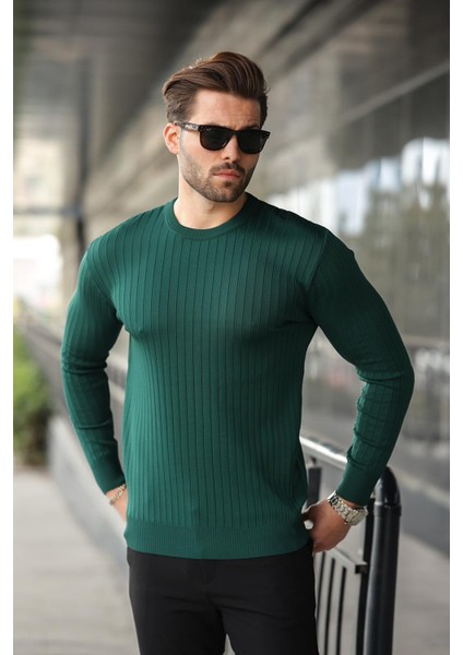 Nefti Yeşili Bisiklet Yaka Çizgili Uzun Kollu Kazak E7273