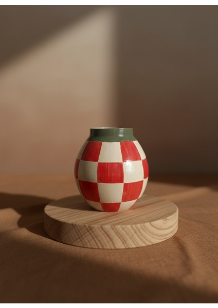 Damalı Seramik Vazo- Kırmızı