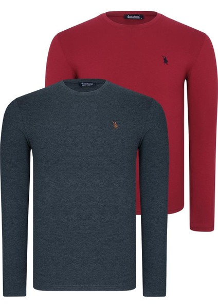 Ikili Set T8588 Dewberry Yuvarlak Yaka Erkek Sweatshırt-Bordo-Antrasit