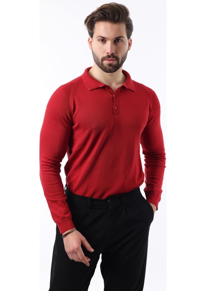 Kırmızı Polo Yaka Dokulu Uzun Kollu Kazak E7264