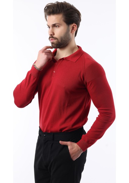 Kırmızı Polo Yaka Dokulu Uzun Kollu Kazak E7264 fiyatları