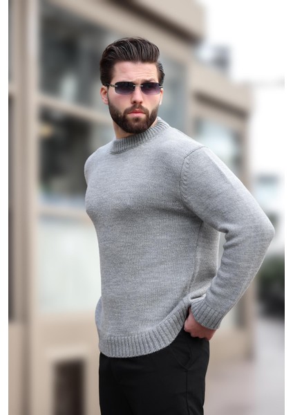 Gri Bisiklet Yaka Overfit Erkek Triko Kazak E7402