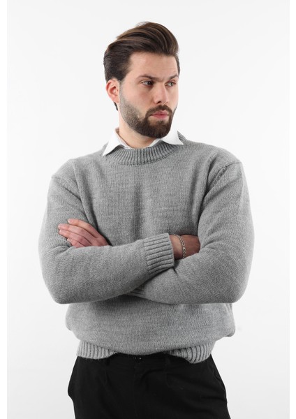 Gri Bisiklet Yaka Overfit Erkek Triko Kazak E7402 modelleri