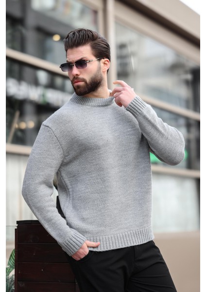 Gri Bisiklet Yaka Overfit Erkek Triko Kazak E7402