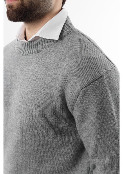 Gri Bisiklet Yaka Overfit Erkek Triko Kazak E7402