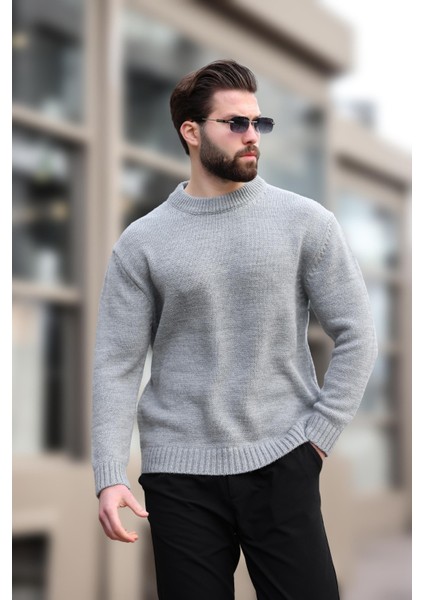 Gri Bisiklet Yaka Overfit Erkek Triko Kazak E7402