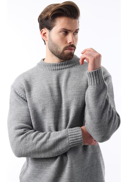 Gri Bisiklet Yaka Overfit Erkek Triko Kazak E7402