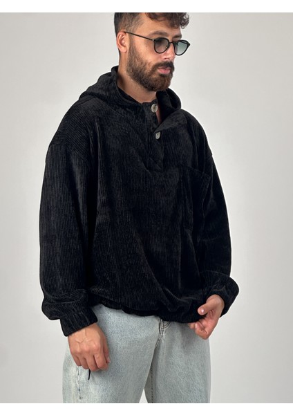 Kadife Dokulu Siyah Oversize Kapüşonlu Erkek Sweatshirt COC1038