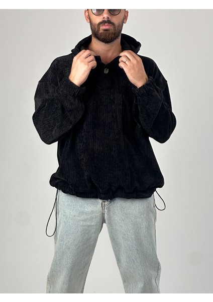 Kadife Dokulu Siyah Oversize Kapüşonlu Erkek Sweatshirt COC1038 fiyatları