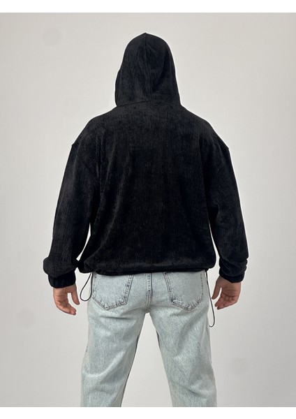 Kadife Dokulu Siyah Oversize Kapüşonlu Erkek Sweatshirt COC1038 fırsatları