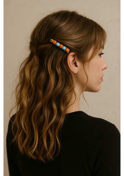 Turuncu Mavi Taşlı Pens Toka-Kadın Renkli Taşlı Metal Toka-Şık & Renkli Toka