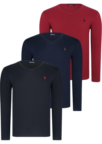 Üçlü Set T8587 Dewberry V Yaka Erkek Sweatshırt-Siyah-Lacivert-Bordo