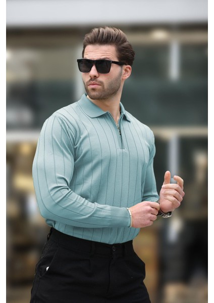 Mavi Polo Yaka Fermuarlı Örme Kazak 7242