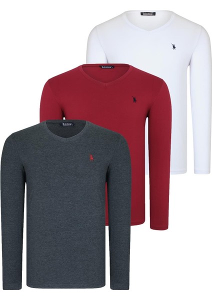 Üçlü Set T8587 Dewberry V Yaka Erkek Sweatshırt-Beyaz-Antrasit-Bordo