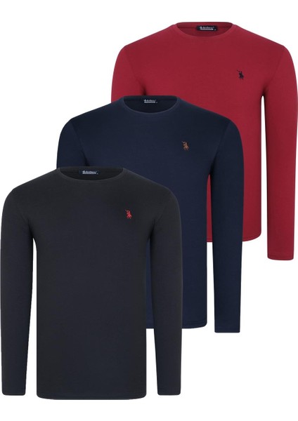 Üçlü Set T8588 Dewberry Yuvarlak Yaka Erkek Sweatshırt-Siyah-Lacivert-Bordo