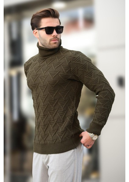 Haki Balıkçı Yaka Desenli Erkek Kazak E7292