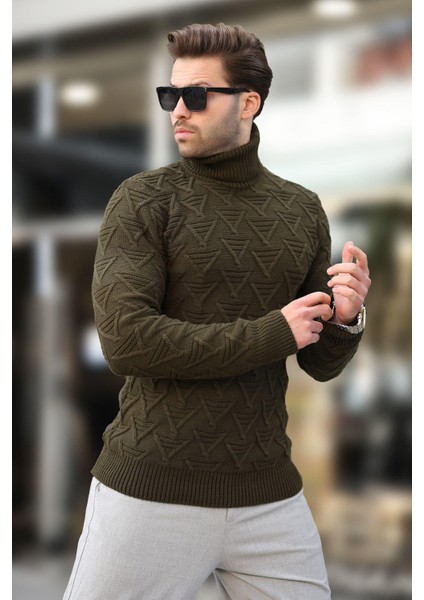 Haki Balıkçı Yaka Desenli Erkek Kazak E7292 modelleri