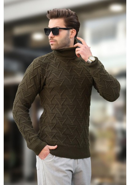 Haki Balıkçı Yaka Desenli Erkek Kazak E7292 indirimleri