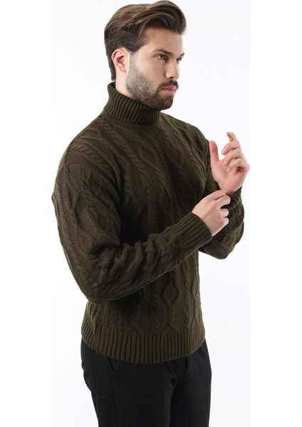 Haki Balıkçı Yaka Desenli Erkek Kazak E7292