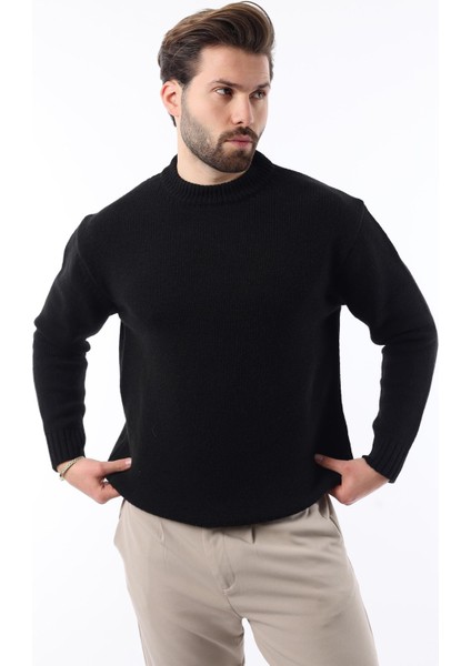 Siyah Bisiklet Yaka Overfit Erkek Triko Kazak E7402 modelleri