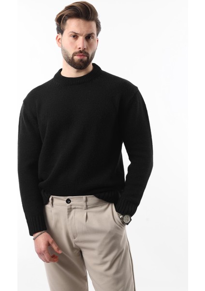 Siyah Bisiklet Yaka Overfit Erkek Triko Kazak E7402 fırsatları