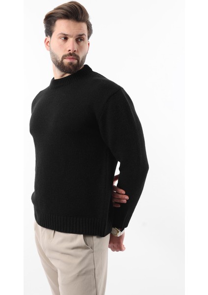 Siyah Bisiklet Yaka Overfit Erkek Triko Kazak E7402