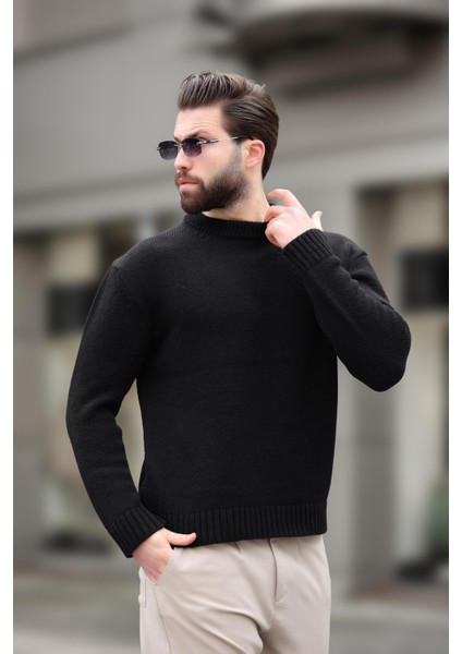 Siyah Bisiklet Yaka Overfit Erkek Triko Kazak E7402