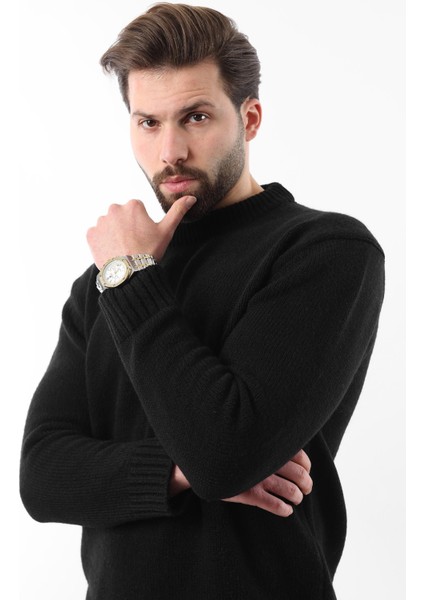 Siyah Bisiklet Yaka Overfit Erkek Triko Kazak E7402