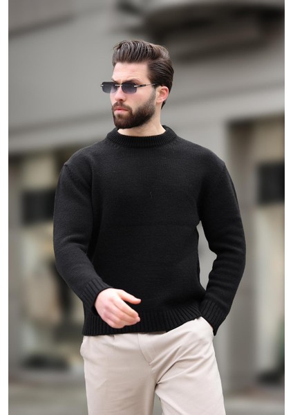 Siyah Bisiklet Yaka Overfit Erkek Triko Kazak E7402