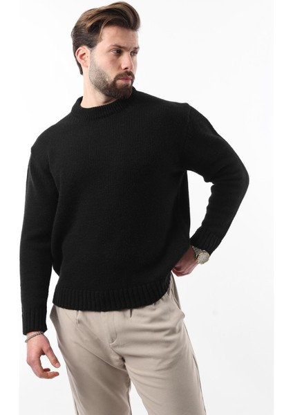 Siyah Bisiklet Yaka Overfit Erkek Triko Kazak E7402