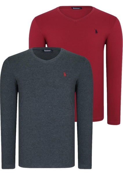 Ikili Set T8587 Dewberry V Yaka Erkek Sweatshırt-Bordo-Antrasit